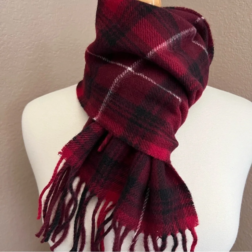 Vintage Lambswool Scarf 12”x54” – Made in Scotland – Red Tartan Plaid